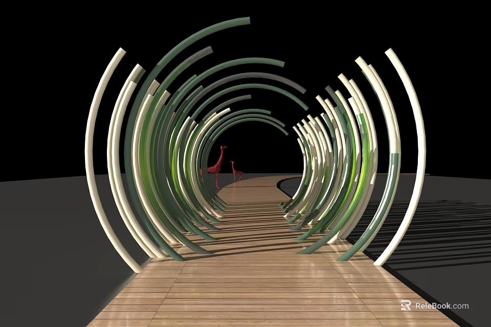 Art Installation With Curved Green And White Structures And Wooden Walkway 3d model 