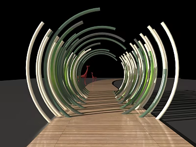Art Installation With Curved Green And White Structures And Wooden Walkway 3d model