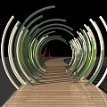 Art Installation With Curved Green And White Structures And Wooden Walkway