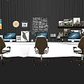 Modern Office Desk With Three Office Chairs Dual Monitors Wall Chalkboard And Decorative Prints