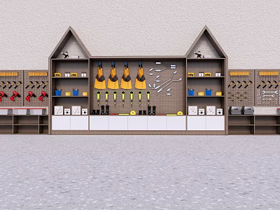 Public Facility Tool Storage Wall With Organized Hanging Tools And Equipment Shelves 3d model
