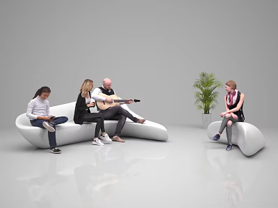 Group of People Sitting on White Sofa with Guitar Player and Indoor Plant 3d model