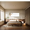 Modern Bedroom Interior With Natural Light Wooden Headboard Bench Decorative Painting And Floor Lamp