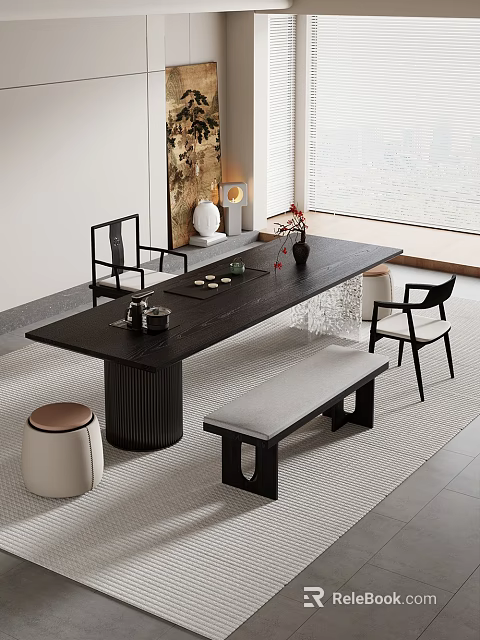 Modern Design Black Tea Table and Chairs with Wooden Surface Matching Seats Tea Set and Vase in Interior 3d model 