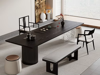 Modern Design Black Tea Table and Chairs with Wooden Surface Matching Seats Tea Set and Vase in Interior 3d model