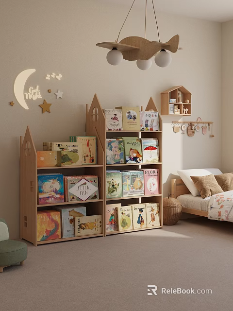 Castle Shaped Bookshelf With Children's Books And Moon Star Decorations In Kids Room 3d model 