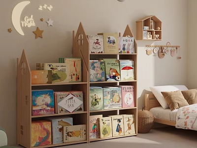 Castle Shaped Bookshelf With Children's Books And Moon Star Decorations In Kids Room 3d model
