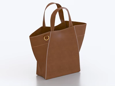 Brown Leather Tote Bag With Twin Handles Golden Metal Ring And Stitched Details 3d model
