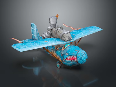 Blue Vintage Airplane Model With Red Nose Textured Wings And Metallic Propeller 3d model