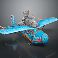 Blue Vintage Airplane Model With Red Nose Textured Wings And Metallic Propeller