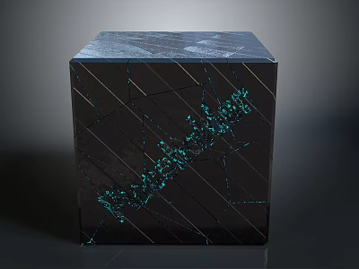 Black Cube With Cracked Surface And Glowing Green Lines On Dark Background 3d model