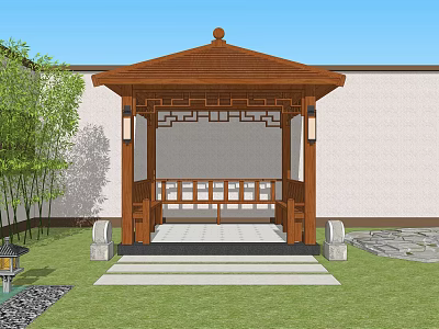 Traditional Chinese Wooden Pavilion In Garden With Grass Bamboo And Stone Lantern 3d model