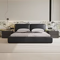 Elegant Modern Bedroom Interior With Black Leather Bed Marble Headboard White Curtains And Pendant Light