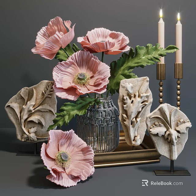 Elegant Decorative Ornament Set with Pink Flowers Metallic Vase Candle Holders and Decorative Sculptures 3d model 