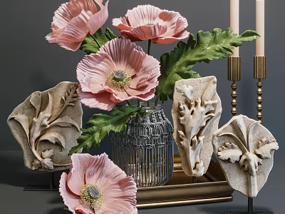 Elegant Decorative Ornament Set with Pink Flowers Metallic Vase Candle Holders and Decorative Sculptures 3d model