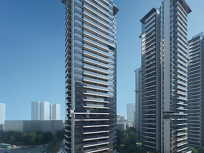 Modern High Rise Residential Building With Glass Curtain Walls And Cityscape View 3d model