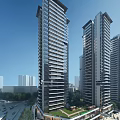 Modern High Rise Residential Building With Glass Curtain Walls And Cityscape View