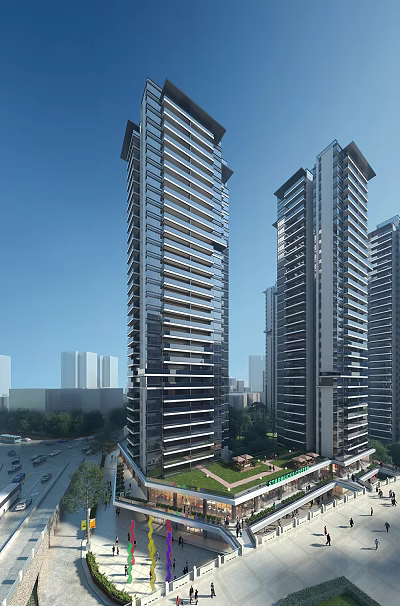 Modern High Rise Residential Building With Glass Curtain Walls And Cityscape View 3d model