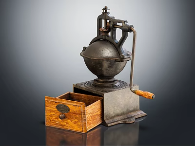 Vintage Metal Kitchen Appliance With Wooden Drawer And Crank Handle Design 3d model