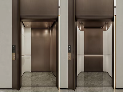 Modern Elevator Lobby Design With Dark Brown Doors Light Walls Gray Flooring And Ceiling Lighting 3d model