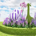Enchanting Purple Garden Landscape With Grass Stone Path Decorative Pavilions And Flowers