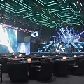 Modern Futuristic Bar Interior With Large Sculptural Installation Lighting Blue Sofas And Screens