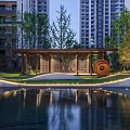 Outdoor Pergola in Modern Landscape with Water Feature Misty Greenery Circular Sculpture and Trees