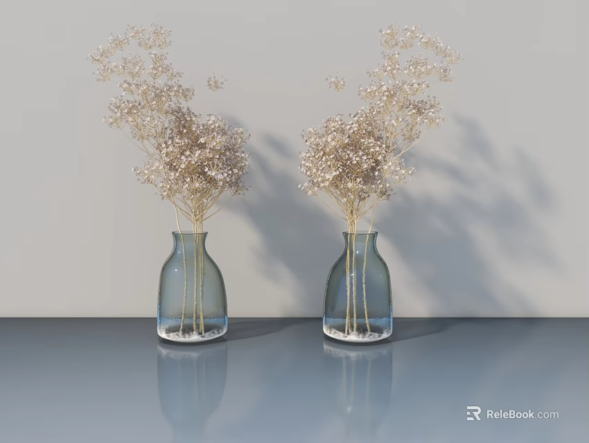Blue Glass Vases With Dried Flowers By Modern Swing Door Design 3d model 