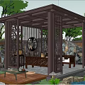 Traditional Chinese Wooden Pavilion Garden With Lattice Structure Stone Decorations Benches And Lanterns