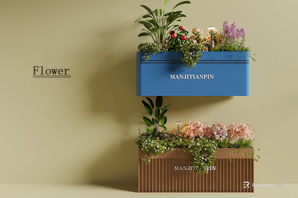 Beautiful Flower Plants Arranged in Hanging Planter Boxes with Blue and Brown Design on Wall 3d model 