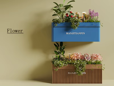 Beautiful Flower Plants Arranged in Hanging Planter Boxes with Blue and Brown Design on Wall 3d model