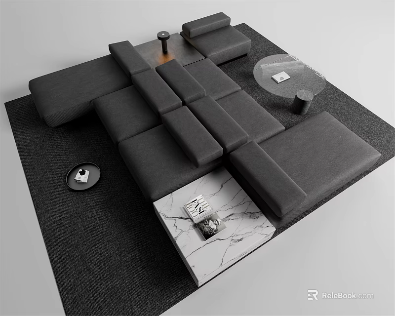 Gray Modular Sofa with Round Coffee Table and Marble Top on Dark Carpet 3d model