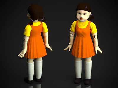 Game Movie Character 3D Model Brown Hair Yellow Top Orange Dress White Socks Mechanical Arms 3d model