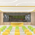 School Lounge Area With Wooden Walls Green Backdrop Round Ceiling Lights And Colorful Seating