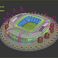 Modern Sports Stadium 3D Rendering With Blue Roof Green Turf Surrounding Towers And Trees