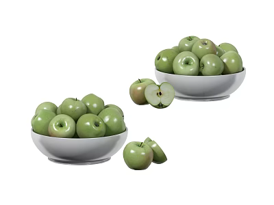 Two White Bowls Filled with Fresh Green Apples and Some Sliced Pieces 3d model