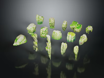 Irregular Shaped Green White Wood Stone Decorative Pieces With Reflections On Dark Surface 3d model