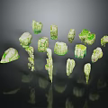 Irregular Shaped Green White Wood Stone Decorative Pieces With Reflections On Dark Surface