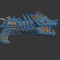 Intricate Wolf Head Design Weapon With Blue And Gold Mechanical Spikes And Gears