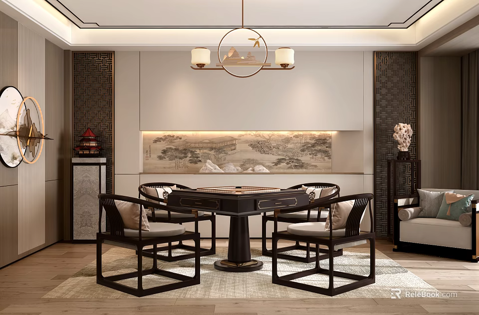 Traditional Chinese Style Hotel Mahjong Room Interior With Round Table And Landscape Painting 3d model 