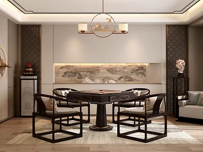 Traditional Chinese Style Hotel Mahjong Room Interior With Round Table And Landscape Painting 3d model