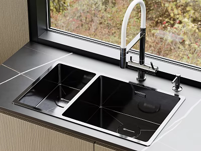 Black Double Bowl Kitchen Sink with White Faucet on Countertop and Natural Light 3d model