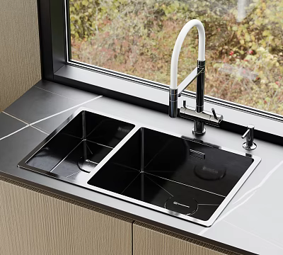 Black Double Bowl Kitchen Sink with White Faucet on Countertop and Natural Light 3d model