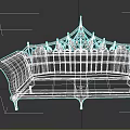 Vintage Multi Person Sofa With Iron Frame Ornate Backrest Curved Arms And Dark Fabric