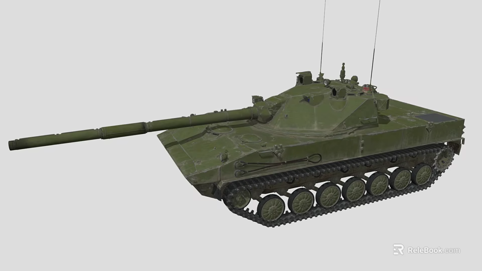 Military Green Tank With Long Barrel Tracks And Antenna On Gray Background 3d model 
