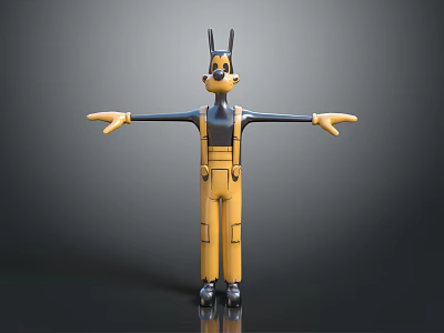 Cartoon Dog Game Movie Character In Yellow Overalls And Black Top With Arms Outstretched 3d model