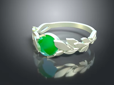 Elegant Green Gemstone Ring With Silver Leaf Design And Intricate Setting 3d model