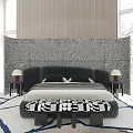 Modern Dark Gray Double Bed With Patterned Gray Wall Red Nightstands And Striped Bench