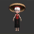 Cartoon Character Wearing Straw Hat Red Top Black Skirt And White Hair In Gray Background