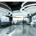Futuristic Technology Exhibition Hall With Modern Design Circular Ceiling Display Screens And Visitors